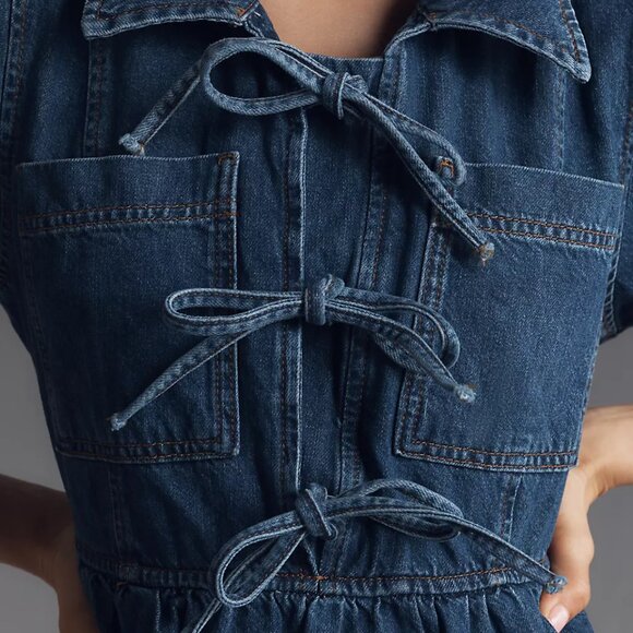 ALIGNE for Anthropologie Effy Short Sleeve Tie-Front Midi Denim Dress - Picture 4 of 13